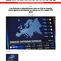 Las fusiones y adquisiciones caen un 15% en Espaa hasta agosto y el importe se reduce un 11%, segn TTR Data